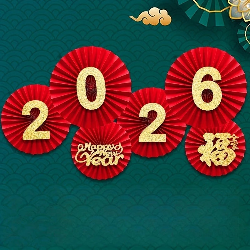 6pcs 11.42inch,9.84inch,7.48inch New Year Red&Golden Paper Fans-Traditional Decoration with Dragon,Phoenix,Lanterns-Wall Hanging