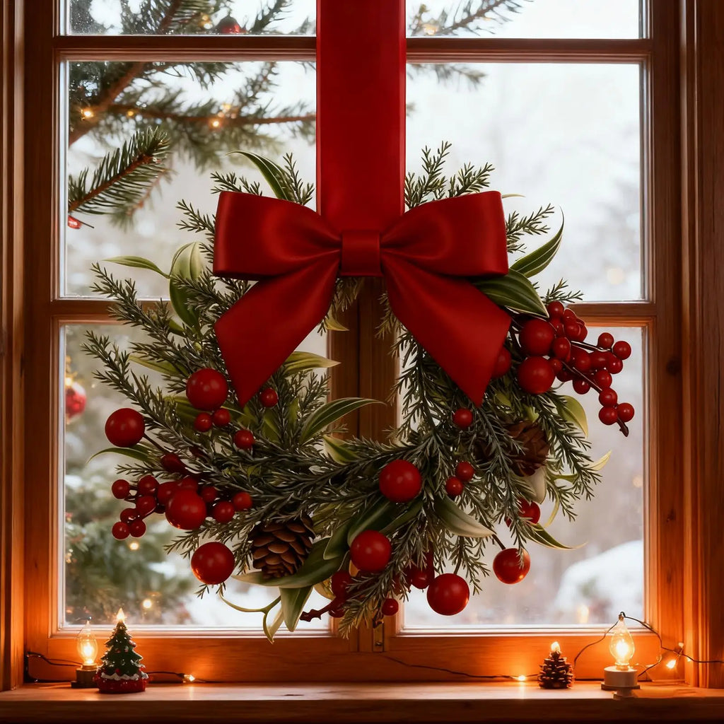 6pcs Christmas Mini Wreaths Window Door Hanging Ribbon Bows Red Berries Christmas Party Home Decorations 2025 Xmas Navidad