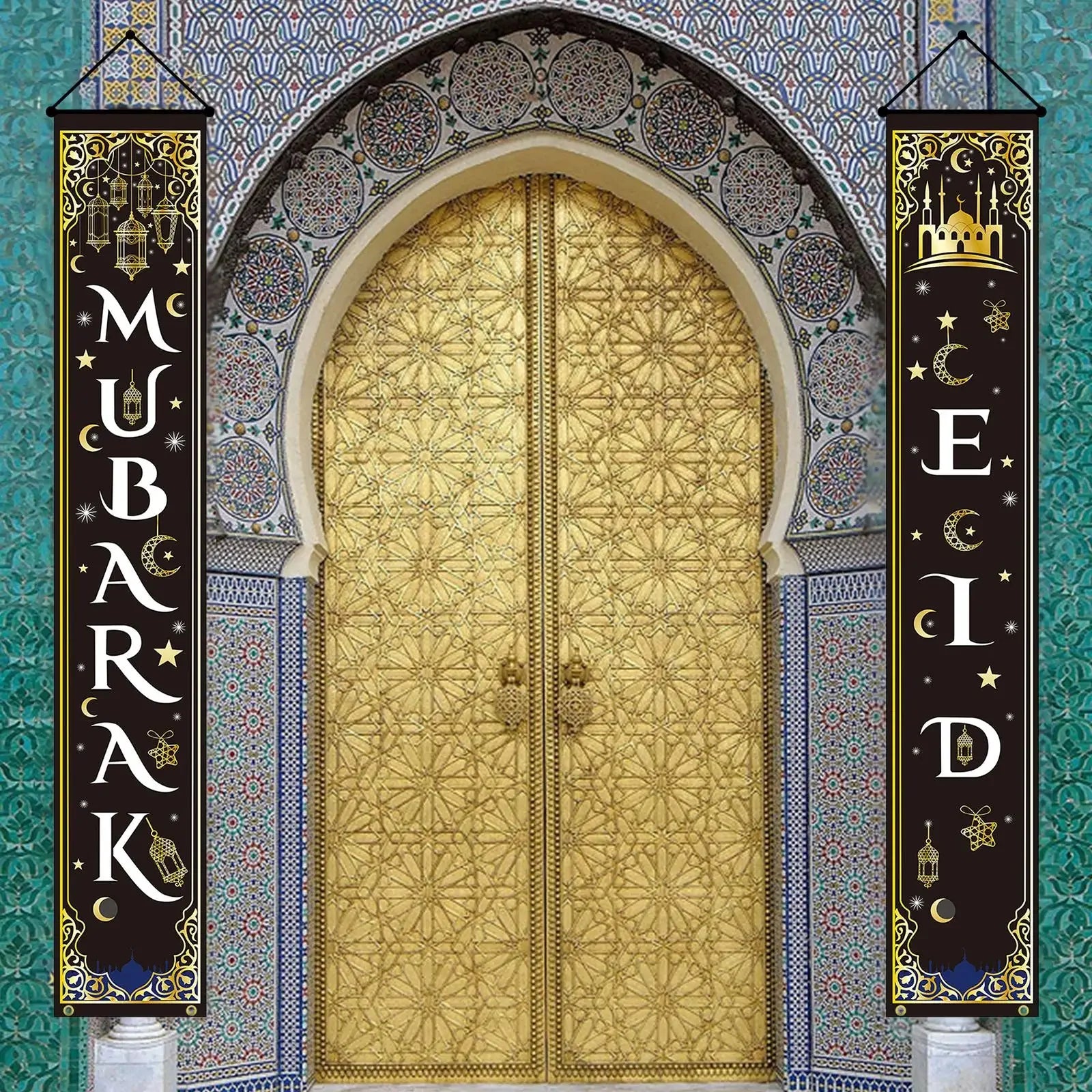 Ramadan Celebration Door Curtain with Eid Mubarak Garland Banner for Islamic Home Decoration Festival Party Supplies