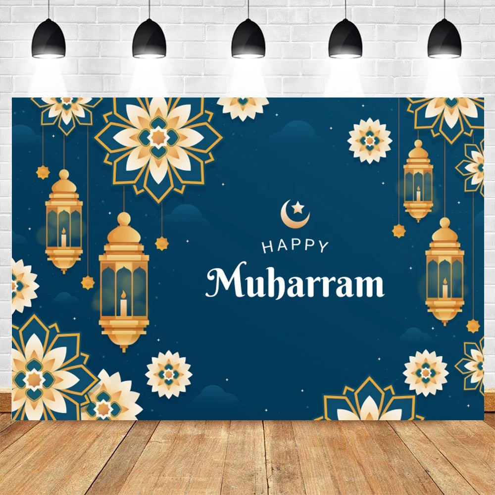 Ramadan Kareem Photography Backdrop EID Mubarak Islamic Mosque Lamps Moon Star White Cloud Photo Background Studio Poster Decor