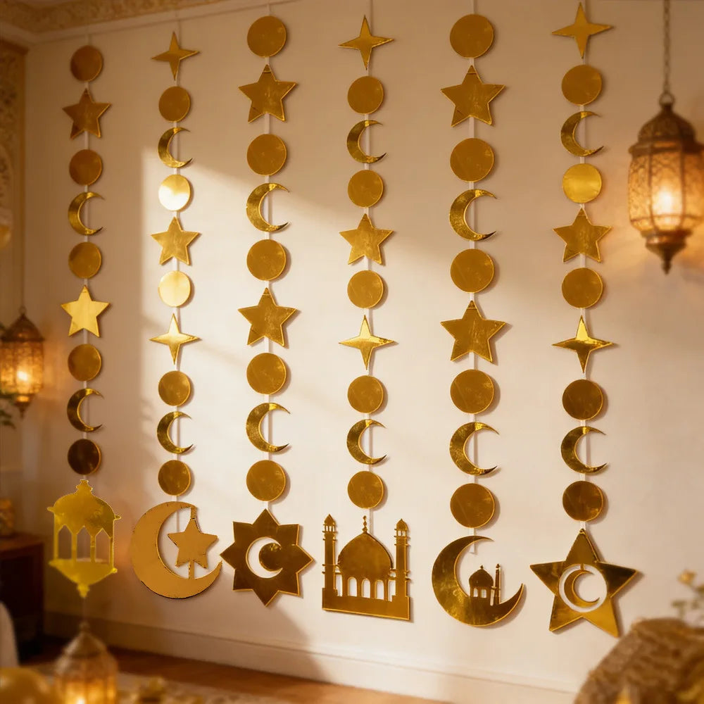 Gold Star Crescent Castle Hanging Garland - Ramadan Eid Party Decor - Moon Festival Streamer Ornament