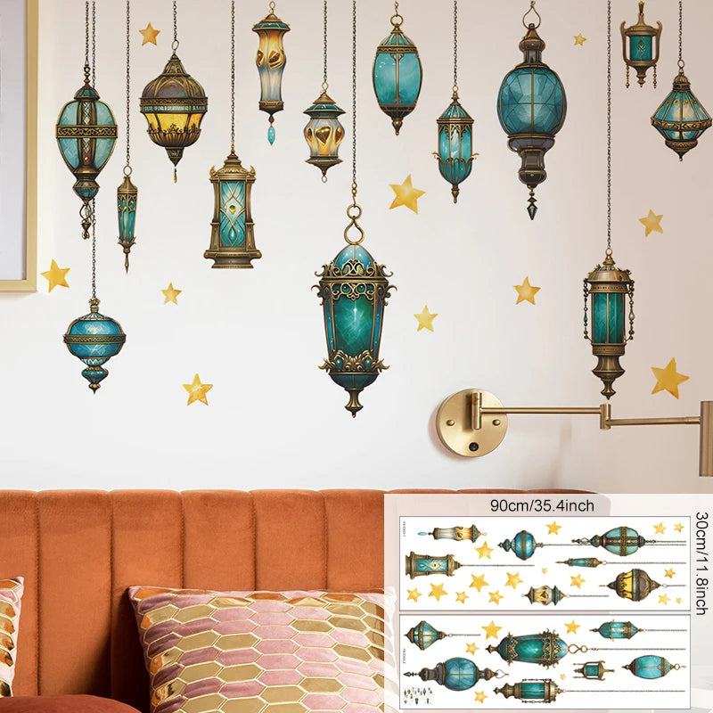 Eid Mubarak Wall Stickers Moon Star Lantern Ramadan Kareem Wall Decals Muslim Islamic Window Sticker Decorations for Home 2024