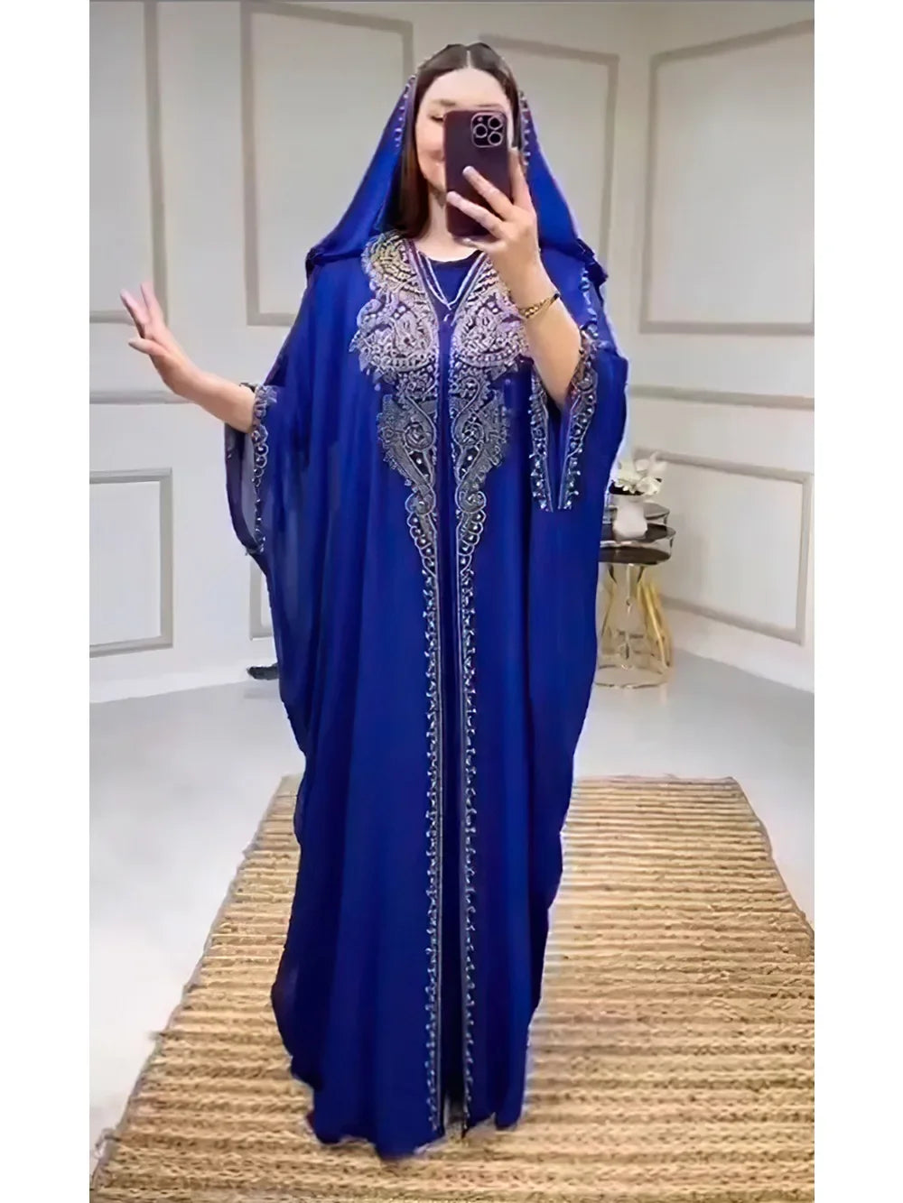 Eid Muslim Dress for Women – Hooded 2-Piece Diamond Jalabiya Kaftan