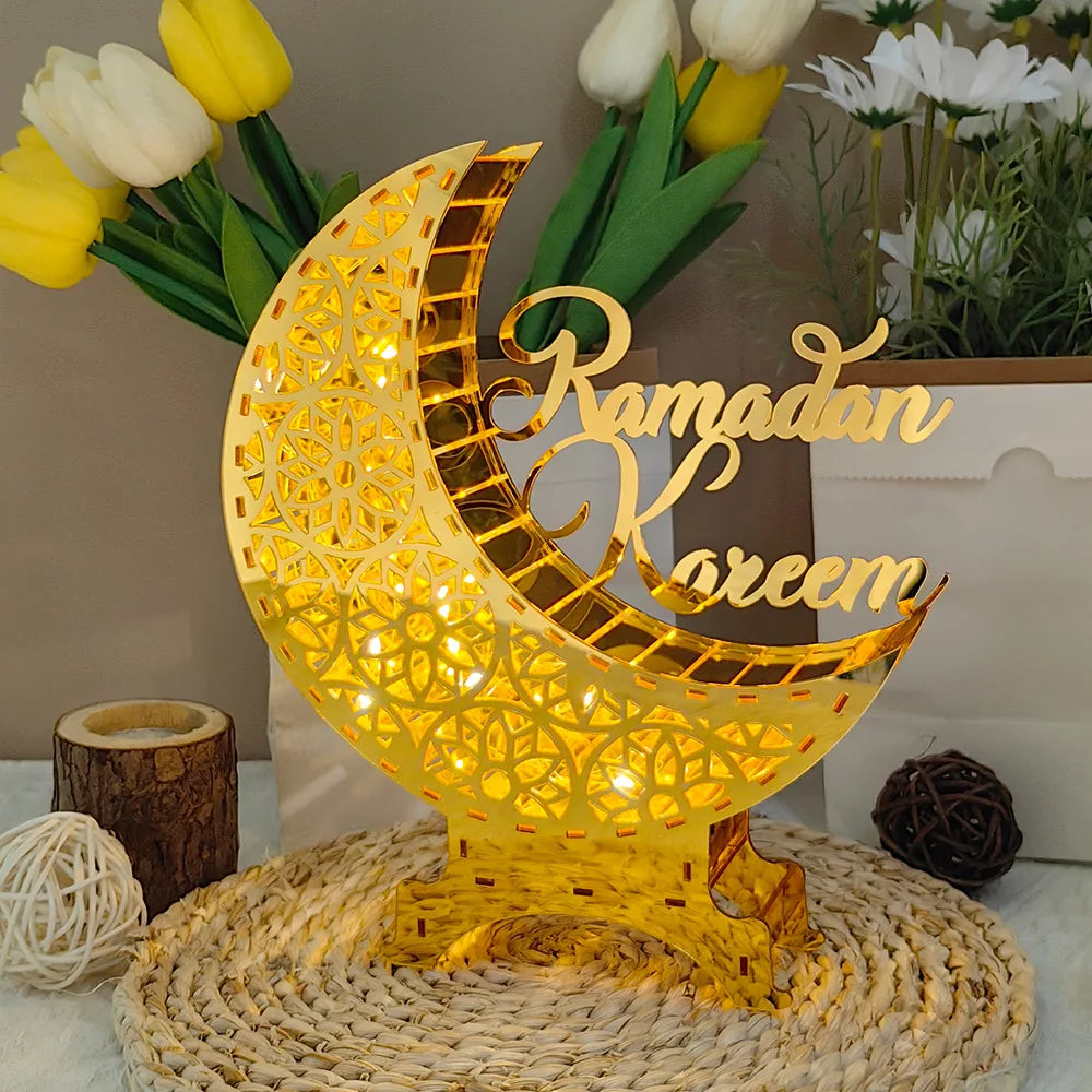 Golden Islamic Moon and Mosque 3D Acrylic Puzzle Decoration – Ramadan and Eid al-Fitr Party Centerpiece Decoration