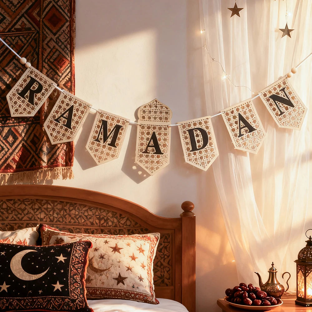 Ramadan Mubarak Banner Hollow Lantern Hanging Garland for Islamic Muslim Eid Festival Home Party Ornament Wall Decor Supplies