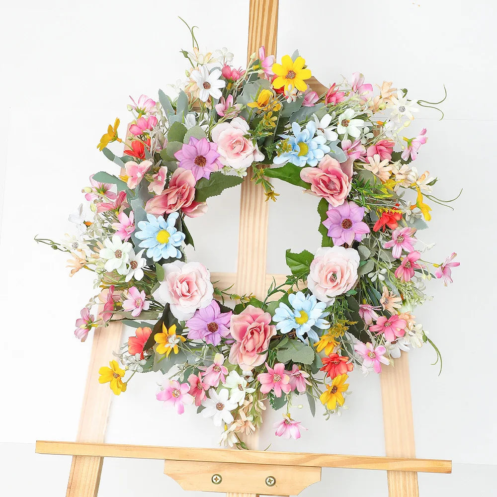 YeeNanee Vibrant Wild Flowers Spring Wreaths for Front Door Artificial Daisy Tulip Lambs Ear Summer Wreath Home Wall Decoration