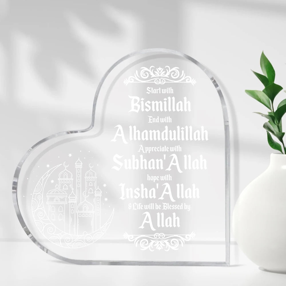 1pc Islamic Acrylic Desktop Decor Ornament - Heart Shaped Elegant Eid Mubarak Logo With Arabic Ramadan Theme - Inspirational