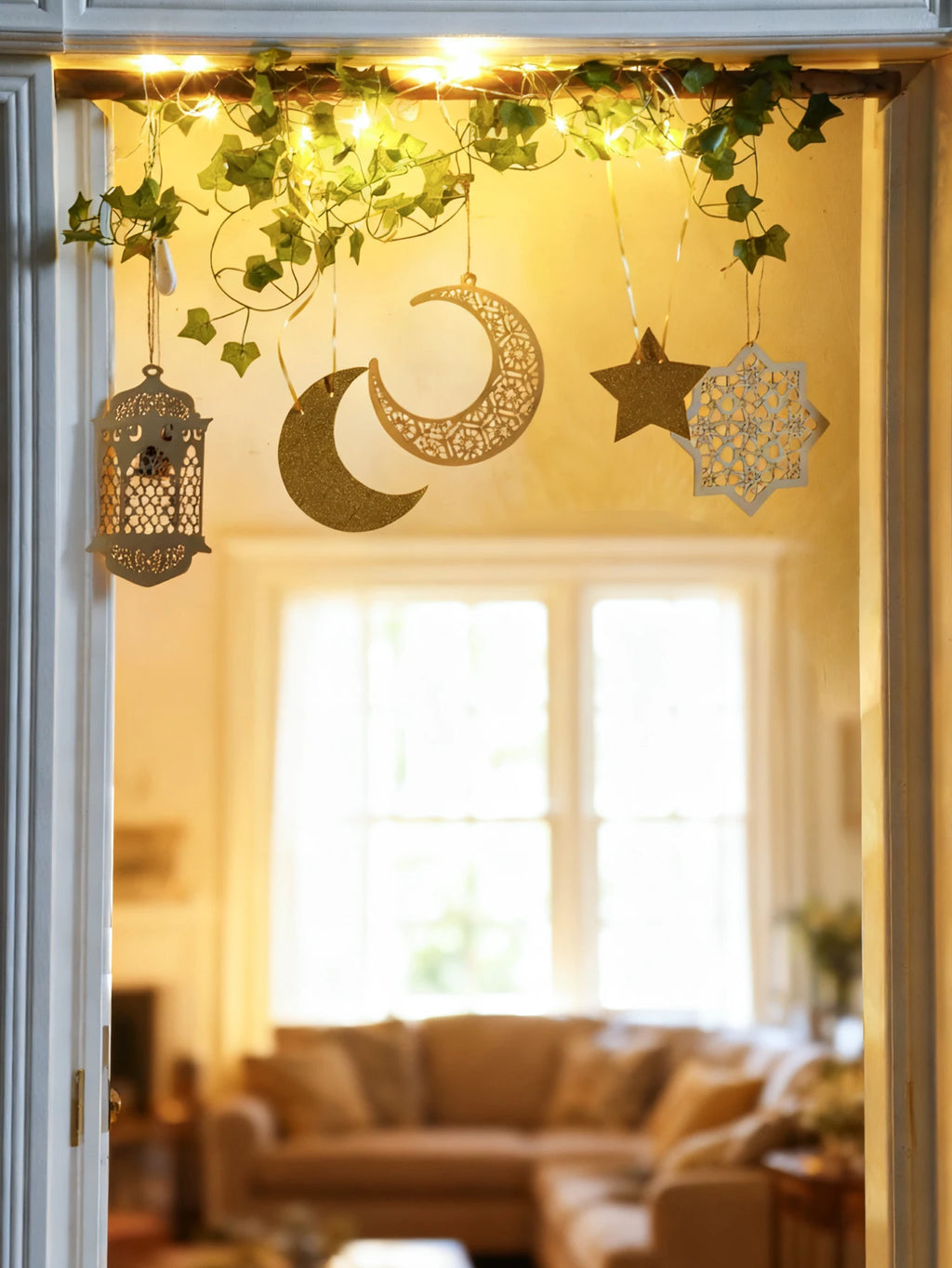 Ramadan Doorway Decor Golden Moon Star Lantern Hanging Ornaments with LED String Islamic Eid Festival Home Entrance Party Gifts
