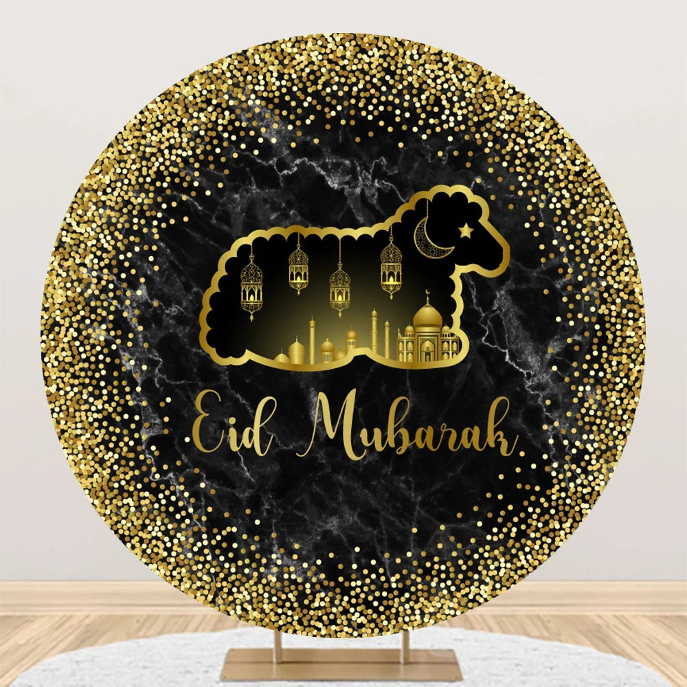 Eid al Fitr Mubarak Round Backdrop Cover Arab Ramadan Karim Golden Moon Star Cloud Lantern Party Decor Banner Photo Stall Props