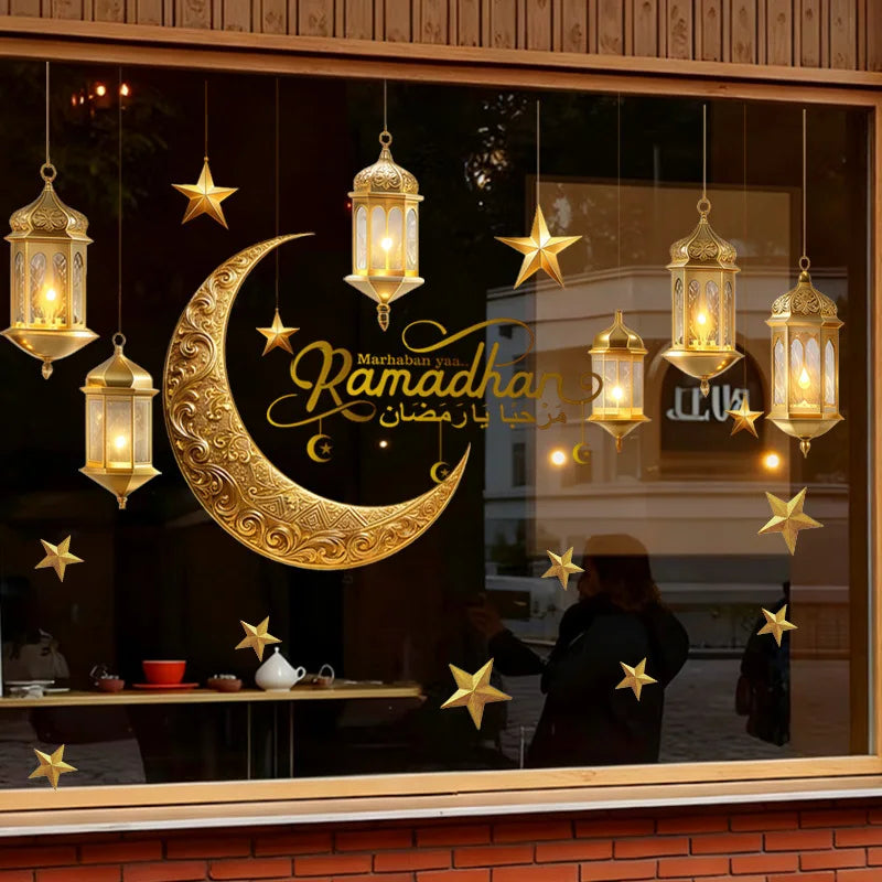 Ramadan Wall Decor Stickers Islamic Muslim Wall Decals Eid Mubarak Ramadan Lantern Moon Star Window Decor for Home Decorations