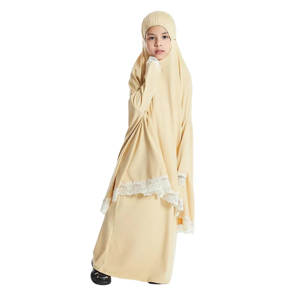 Muslim Kids Girls Hijab Dress Ramadan Khimar Skirt Set Overhead Eid Prayer Garment Burqa Abaya Robe Kaftan Hooded Gown