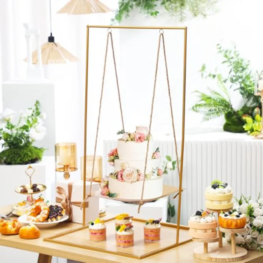 Gold Metal Swing Cake Stand 2.8 Feet Tall Hanging Dessert Display Centerpiece with Jute Rope Floating Cake Stand for Wedding Bir