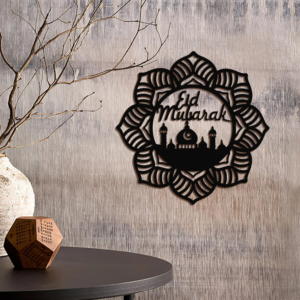 1PC, EID Mubarak Creative Black wooden eight-petal flower-shaped retro pattern decorative pendant