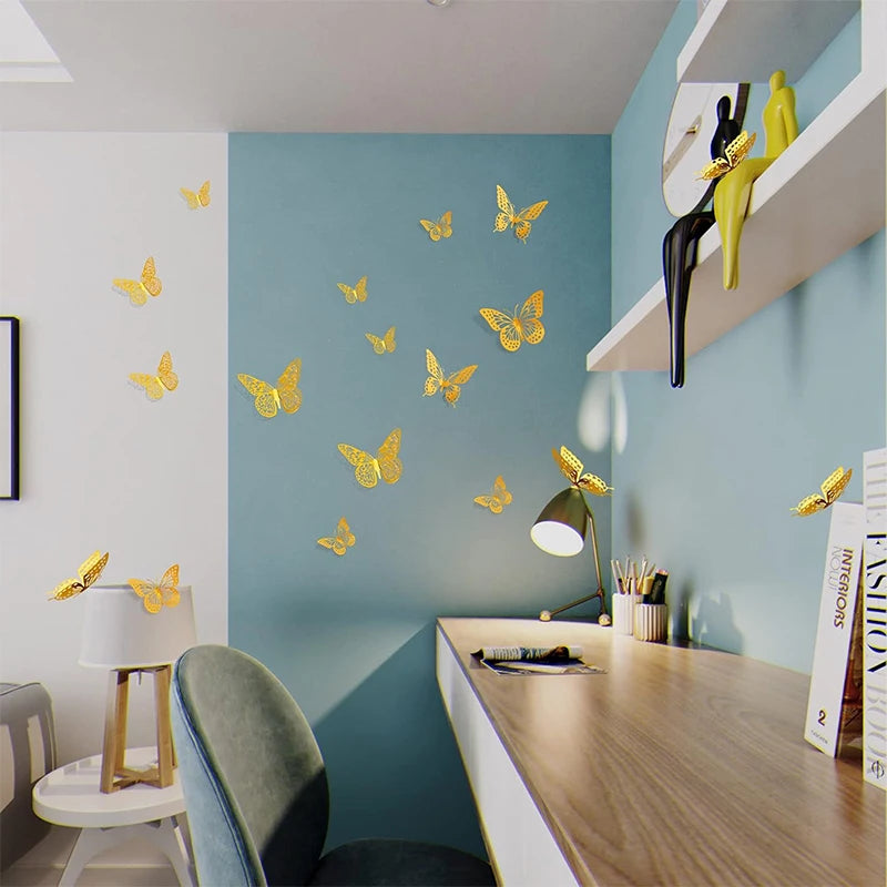 12/24/48Pcs 8cm 3D Butterfly Wall Stickers Gold Butterfly Decorations for Butterfly Birthday Party Cake Room Window Garden Decor