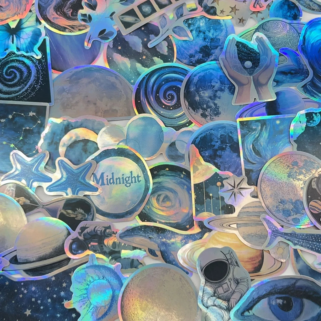 50PCS Cool Dark Blue Laser Outer Space Universe Planets Stickers Aesthetic DIY Laptop Phone Luggage Decals Sticker Kids Toy