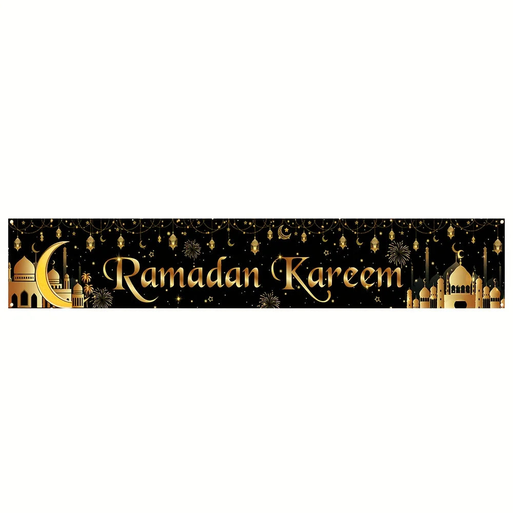 VIKAMA Ramadan Karim Banner Tapestry Black Gold Star Moon Mosque Eid al Fitr Outdoor Courtyard Festival Party Decoration