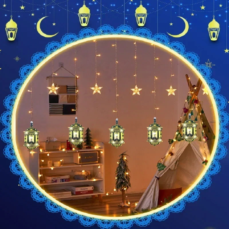 Ramadan String Lights LED Curtain with Moon Castle for Eid Mubarak Celebration Islamic Festive Window Decor Home Atmosphere