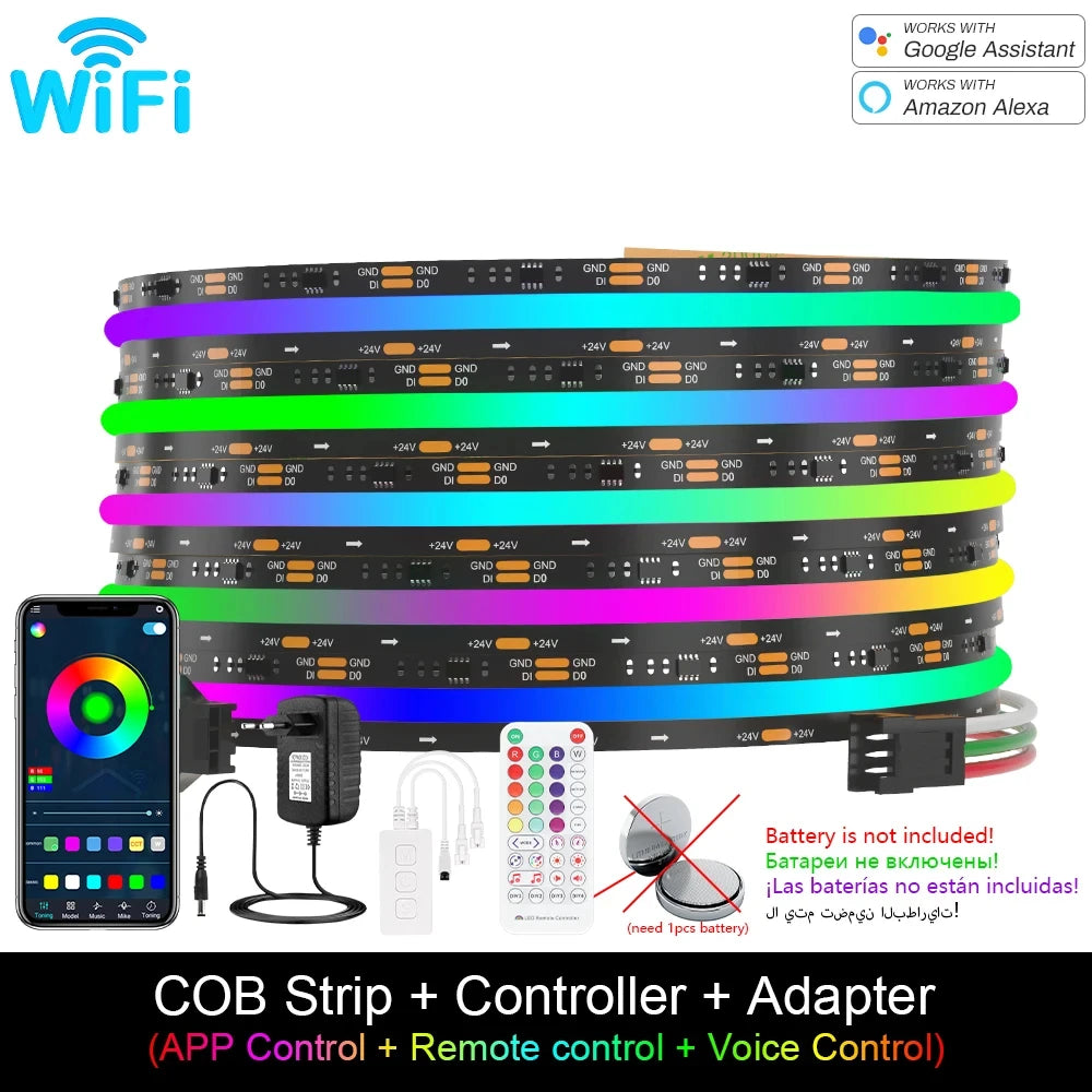 1-10M Addressable COB LED Strip Light 12V 24V WS2811 Full Dream Color Tape RGBIC LED Ribbon Pixel SPI Strip Colorful Room Decor