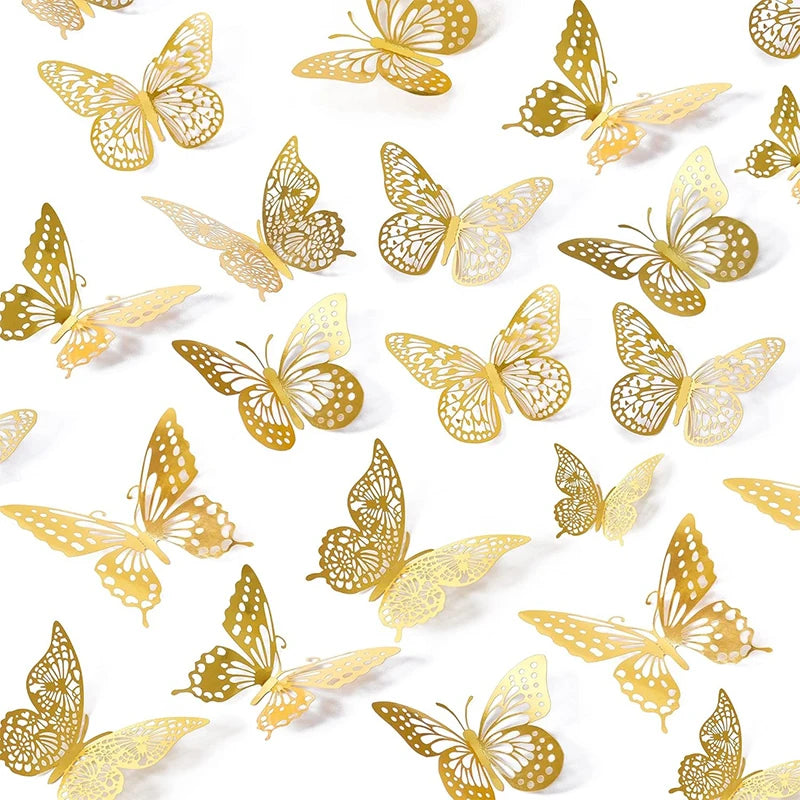12/24/48Pcs 8cm 3D Butterfly Wall Stickers Gold Butterfly Decorations for Butterfly Birthday Party Cake Room Window Garden Decor