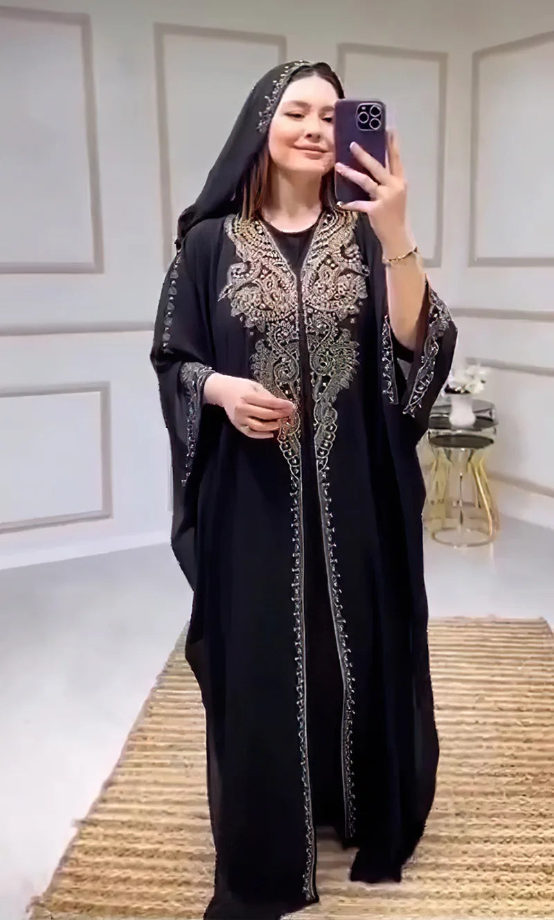 Eid Muslim Dress for Women – Hooded 2-Piece Diamond Jalabiya Kaftan