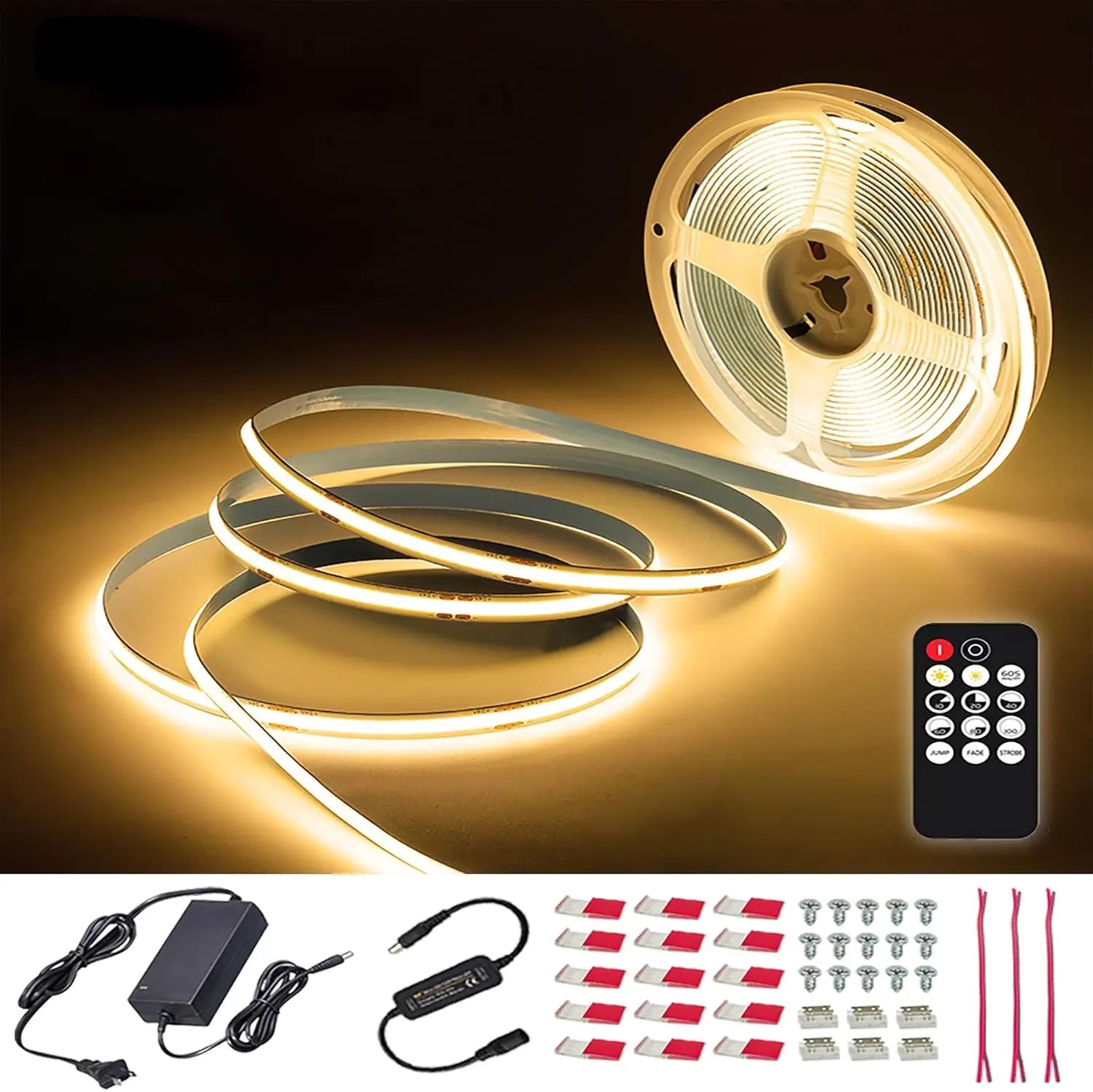 ETL Listed 24V 50ft/15m COB LED Strip Light 3000K/4000K/6500K Dimmable with RF Remote for Bedroom Cabinet(Power Supply Included)