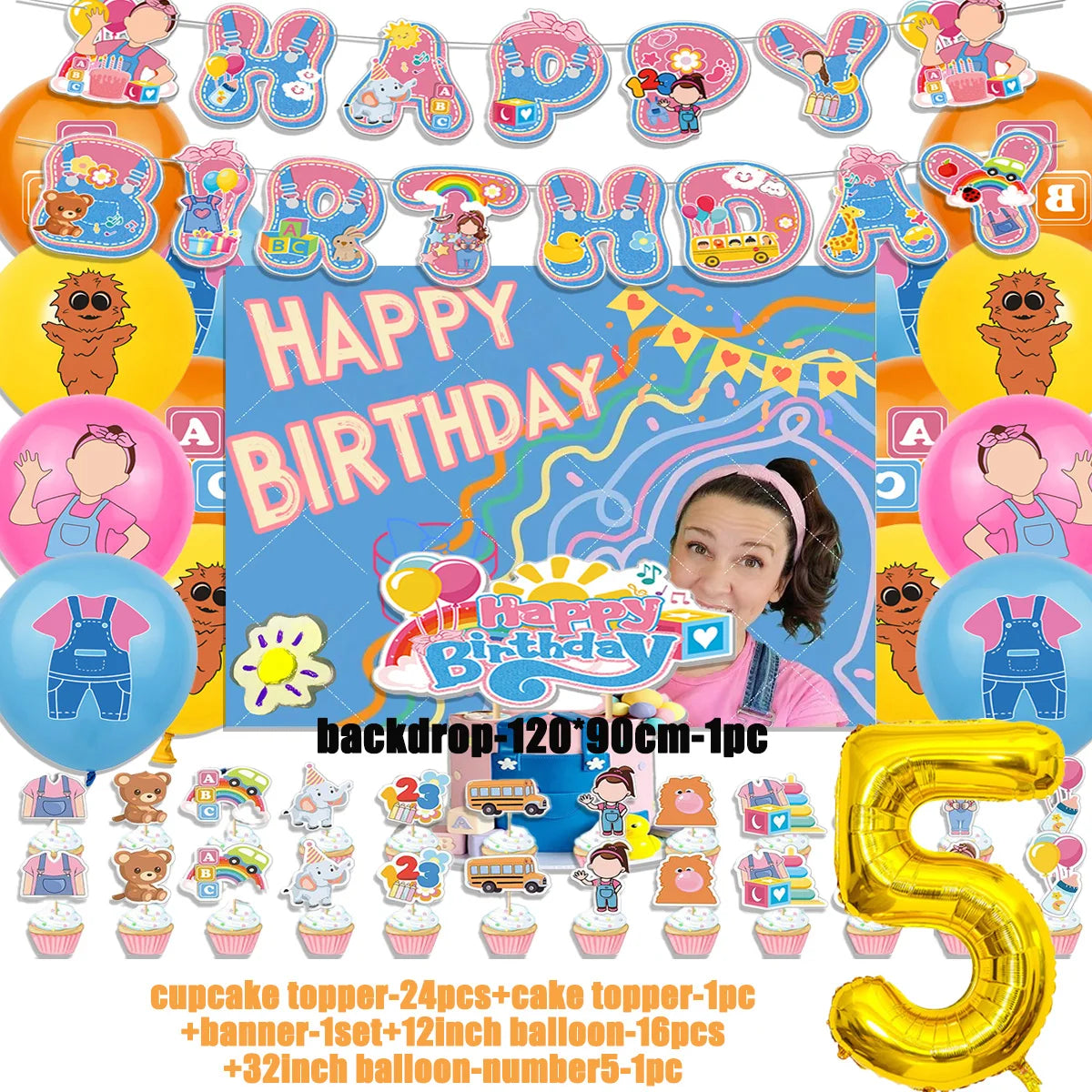 Cartoon English Teacher Theme Child Birthday Party Decor Ms&Racheled Balloon Banner Backdrops Cupcake Toppers for Kids Gifts