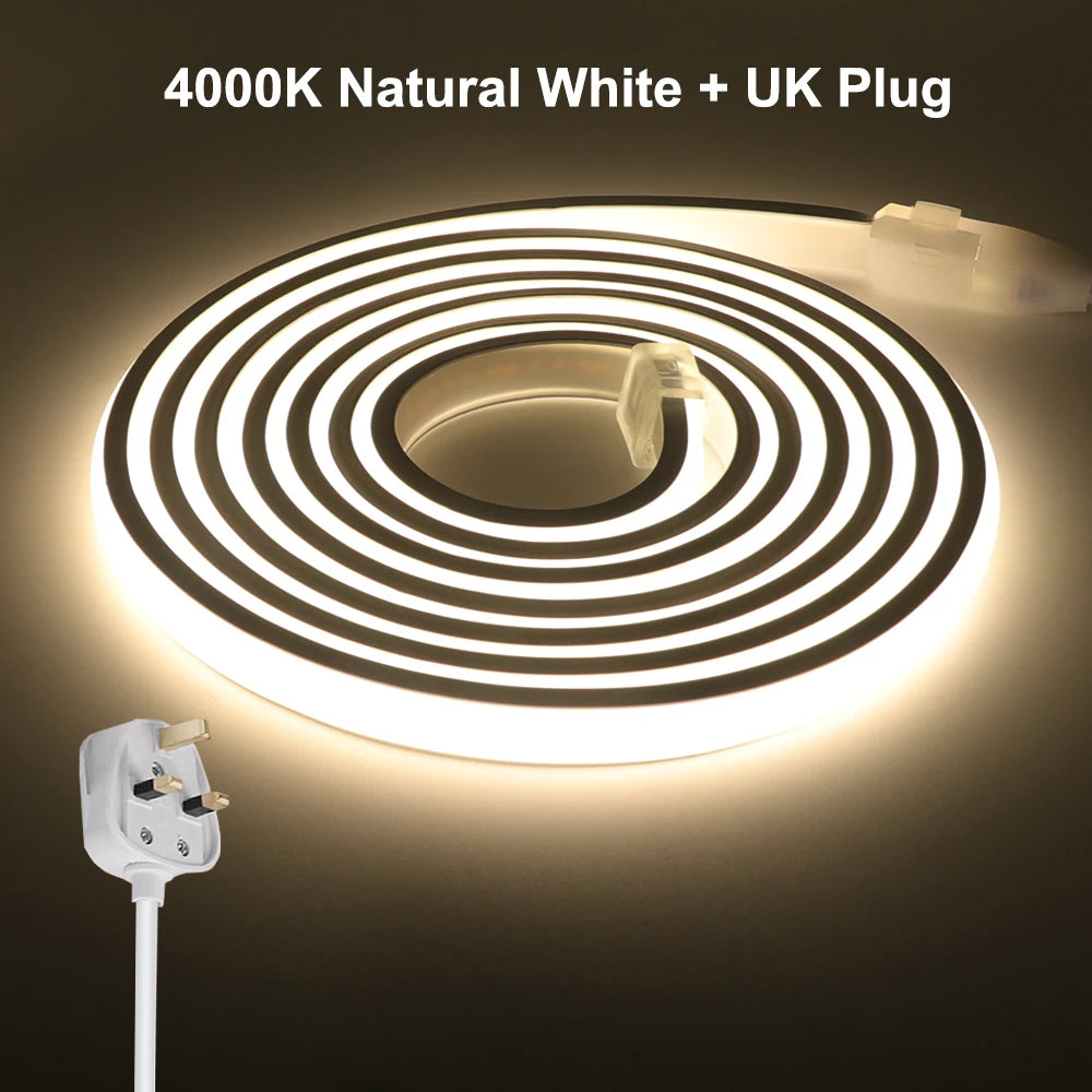 COB LED Strip Neon Light 220V EU UK Plug 288LEDs/M RA90 Flexible Tape Waterproof Led Ribbon for Kitchen Outdoor Garden Lighting