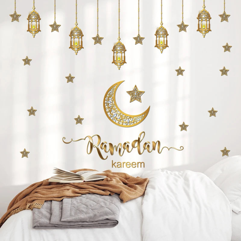 2025 Ramadan Mubarak Window Sticker EID Mubarak Moon Star Wall Stickers for Home Decoration Islamic Muslim Party Supplies Gifts