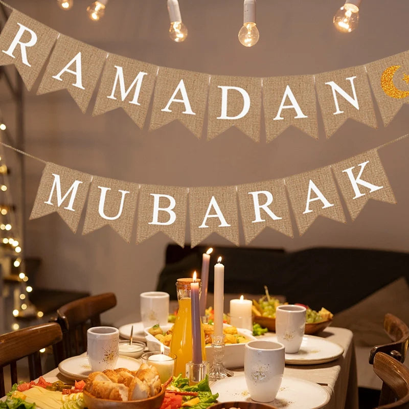 Eid Mubarak Linen Banner Garland Moon Star Hanging Ornaments Islamic Muslim for Home Ramadan Decoration Festival Party Supplies