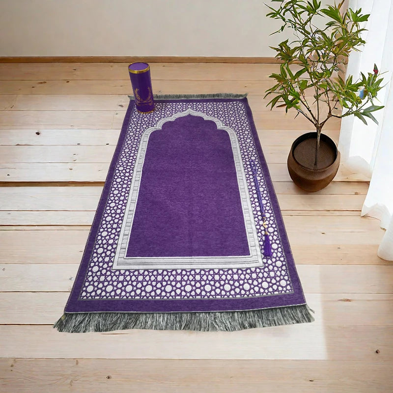 Prayer Mat Set with prayer beads and Cylinder Gift Box Portable Travel Prayer Rug Worship Blanket Ramadan Islamic Muslim Gift