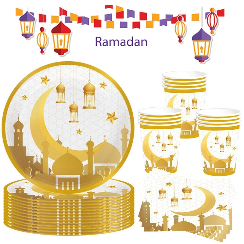 Eid Mubarak Party Tableware Set Disposable Plates Napkins Banner Tablecloth Ramadan Decorations Islamic Muslim Party Supplies