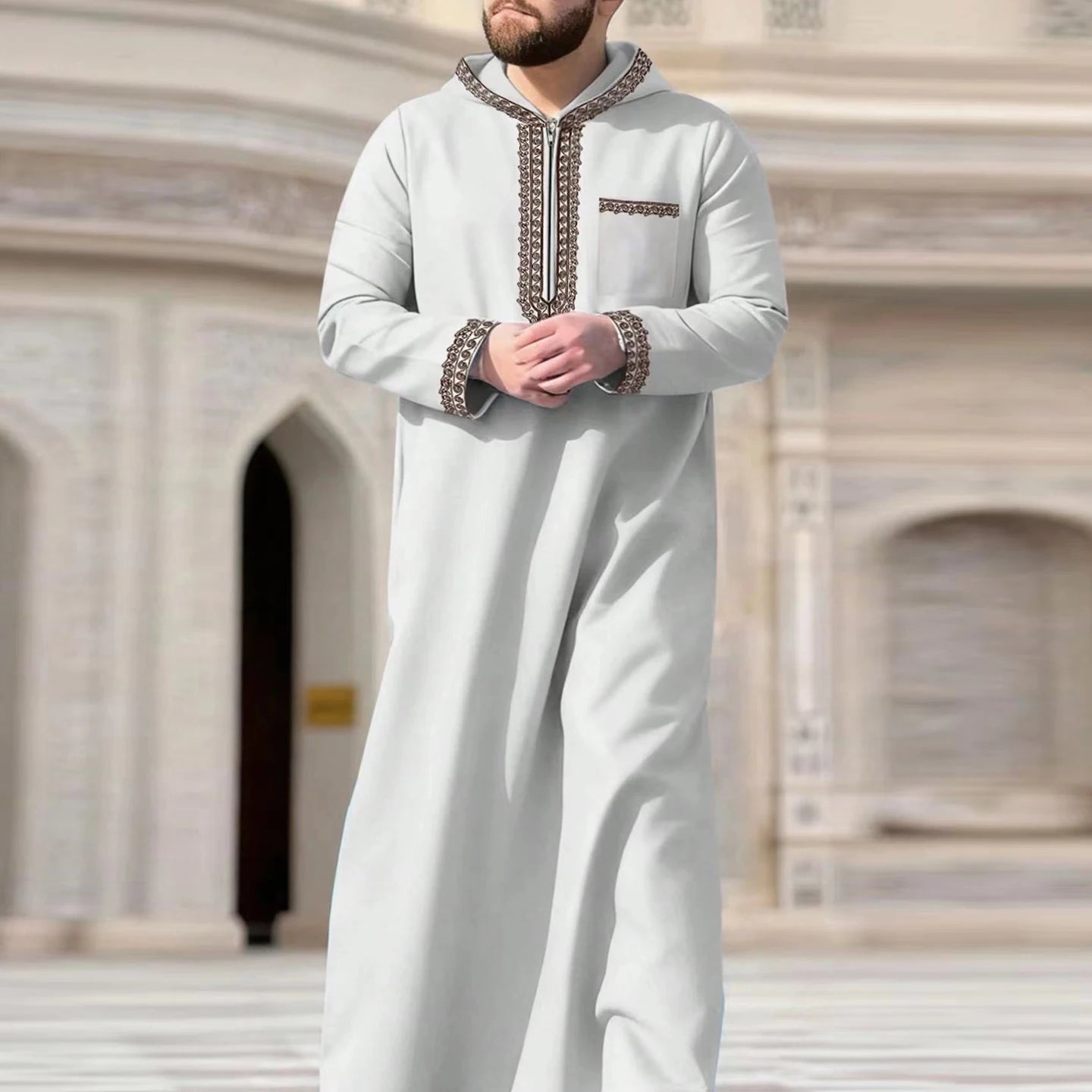 New Islamic Muslim Men's Thobe Long-Sleeved Classic Embroidery Robe Arabic Ethnic Style Men's Casual Formal Robe Prayer Dress
