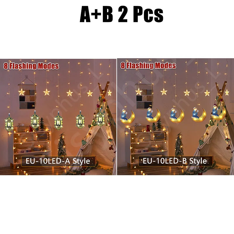 3M 10LED EU Plug Star Lamp Curtain, Ramadan Lamp for Bedroom, Home & Outdoor, Eid Party Decoration