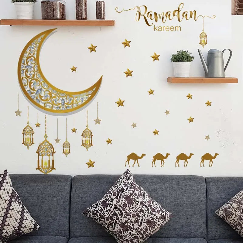 Ramadan Kareem Wall Stickers Moon Star Lantern Wall Decal 2024 Eid Mubarak Decorations for Home Muslim Islamic Party Decorations