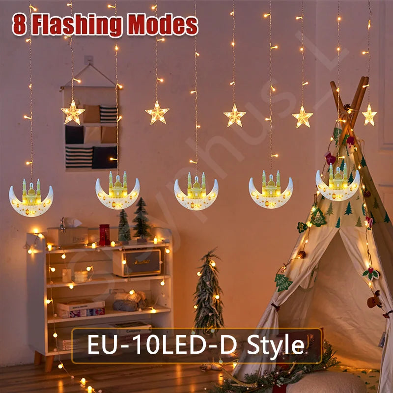 Moon and Star LED Curtain Lights  USB Powered Fairy Lights with 8 Modes and Timer Ramadan Bedroom and Party Decoration