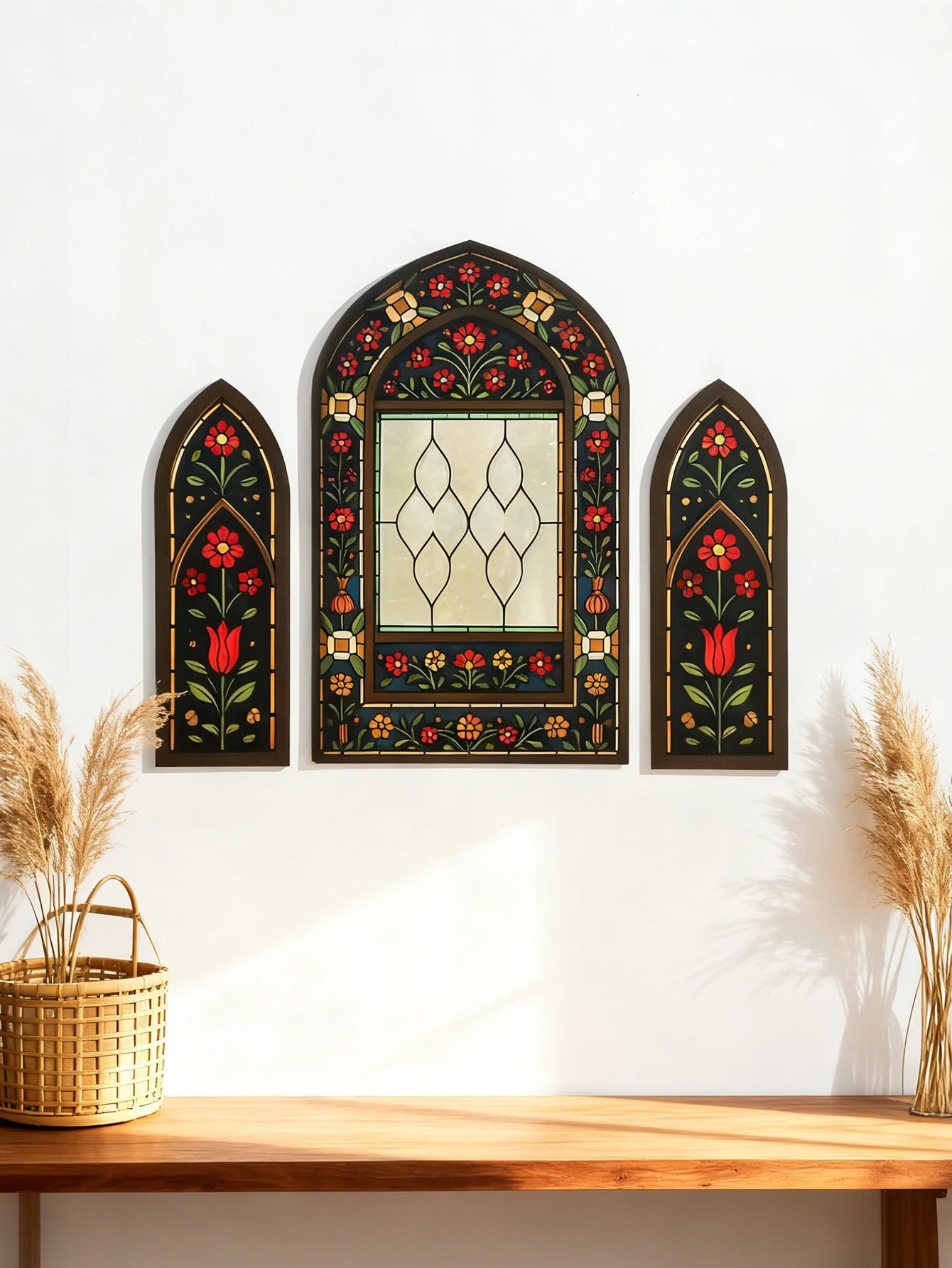 3pcs Islamic Arch Window Style Wall Hanging Floral Pattern Decor Wall Stickers for Ramadan & Eid Home Decor Muslim Festival Gift