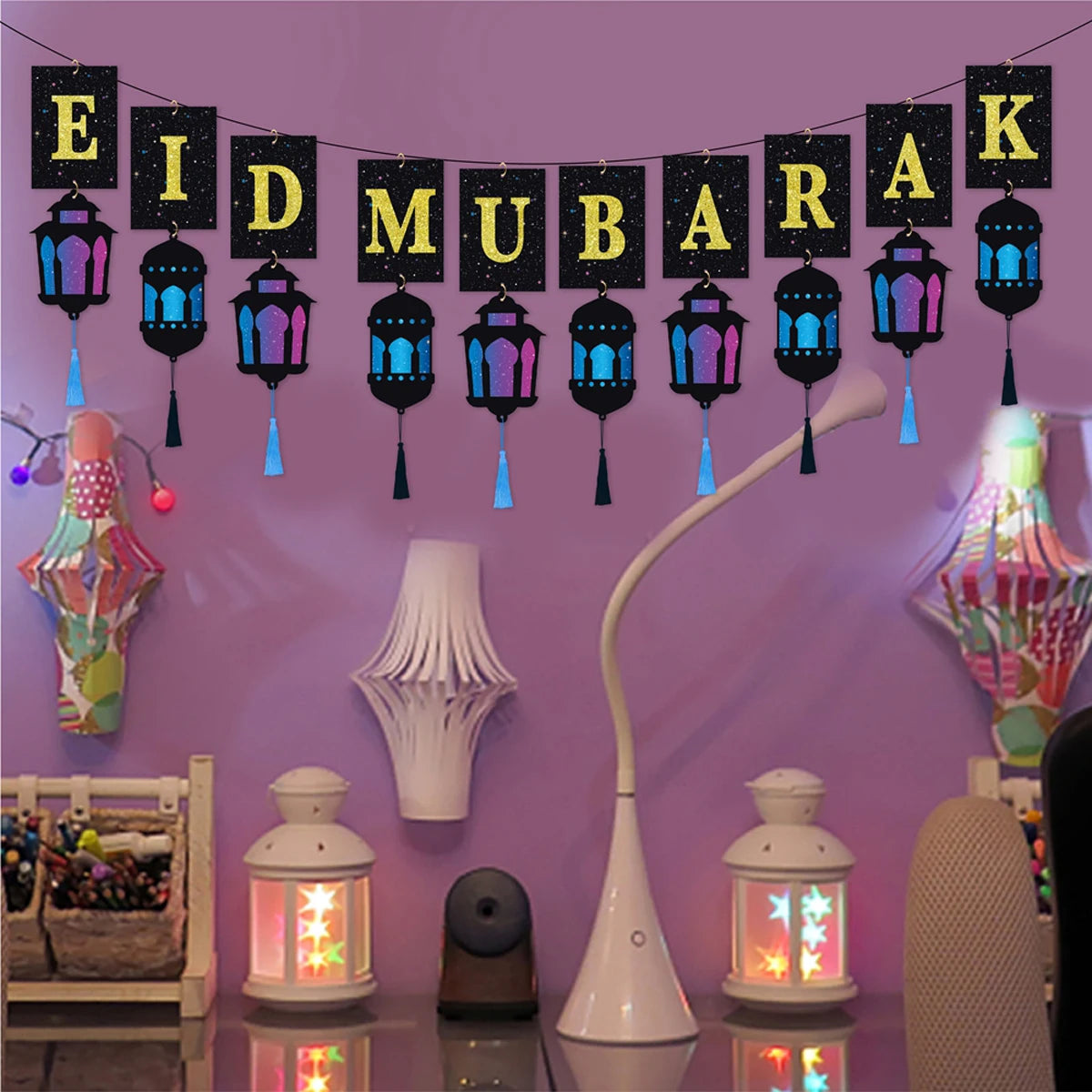 Eid Mubarak Banner with Lantern Tassels Ramadan Kareem Islamic Festival Party Decor Muslim Home Wall Hanging for Eid Adha Gifts