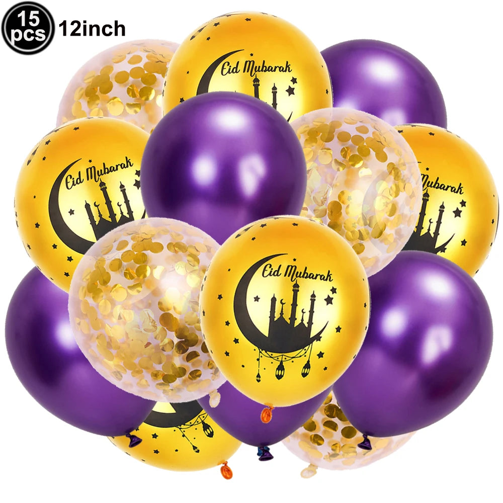 12inch Eid Mubarak Party Decorations Happy Eid al-Fitr Latex Balloons Gold Purple Black Moon Castle Print Confetti Balloons