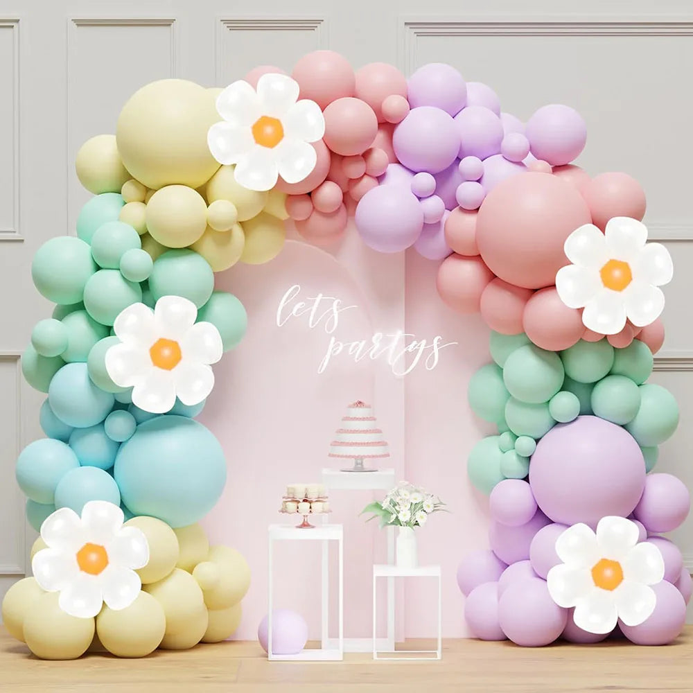 Daisy Balloon Garland Arch Set 136 Pieces White Fashionable Flowers Macaron Pink Yellow Blue Purple Balloon Birthday Daisy Theme Wedding Two Fashionable Bohemian Party Decoration