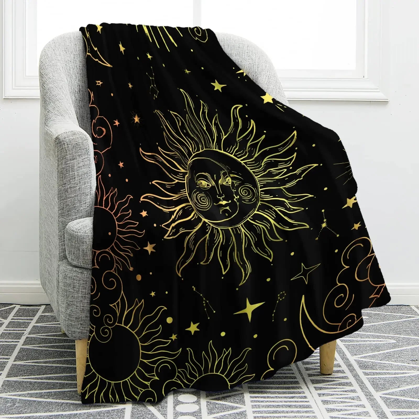 Sun Moon Blanket Star Space Psychedelic Black and White Print Throw Blanket for Couch Bed Sofa