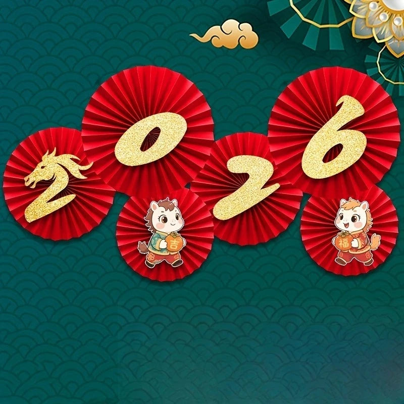 6pcs 11.42inch,9.84inch,7.48inch New Year Red&Golden Paper Fans-Traditional Decoration with Dragon,Phoenix,Lanterns-Wall Hanging
