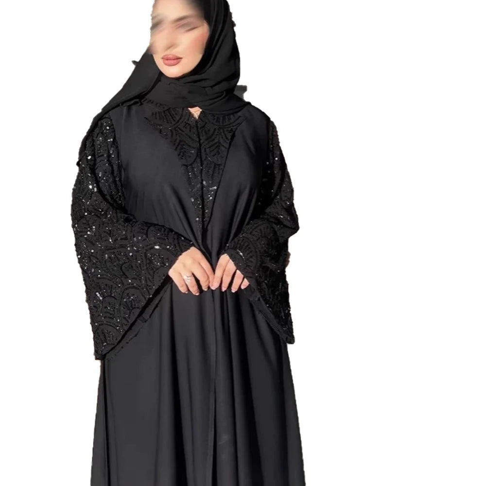 2025 Ramadan Black Beaded Abaya with Hijab – Luxury Dubai Muslim Dress