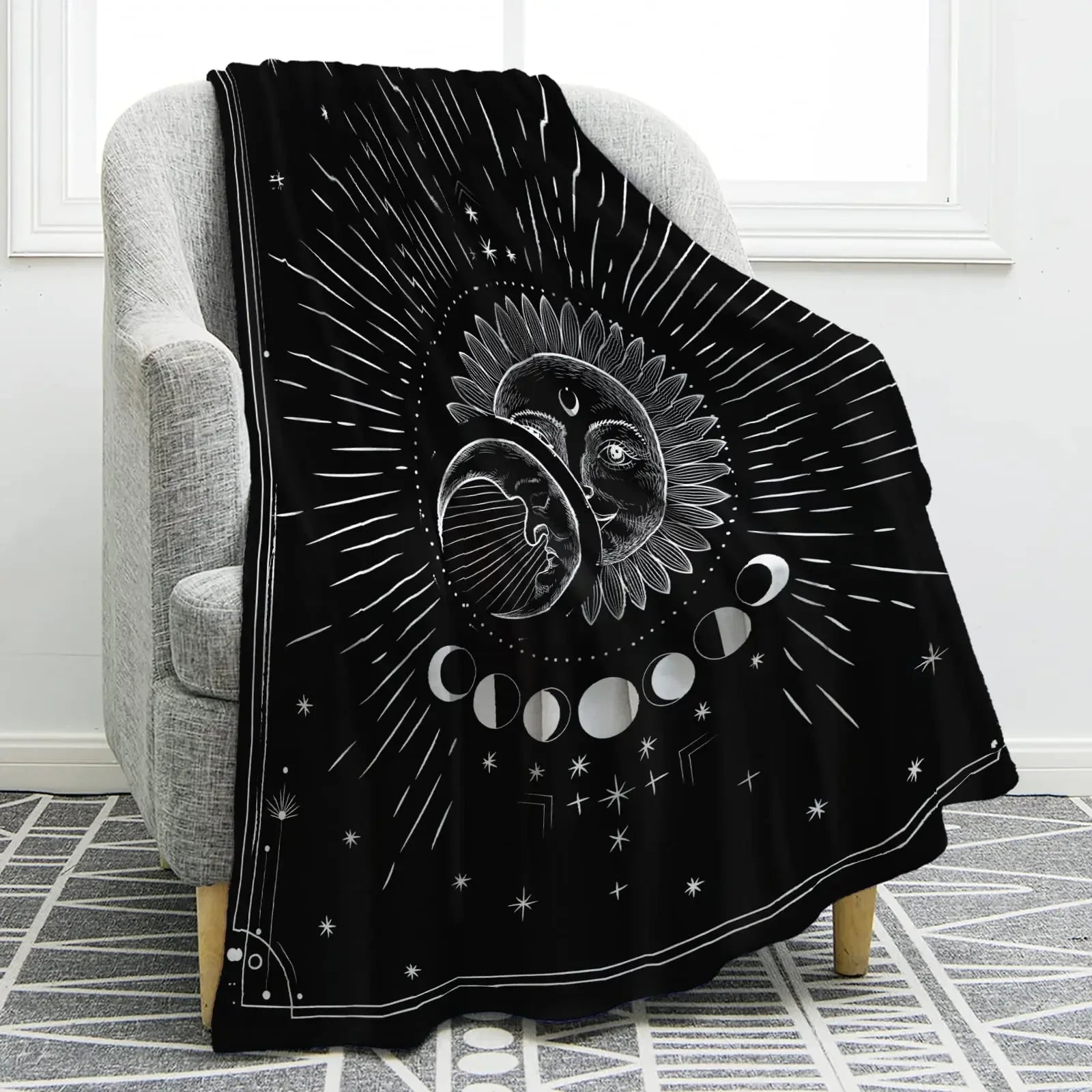 Sun Moon Blanket Star Space Psychedelic Black and White Print Throw Blanket for Couch Bed Sofa