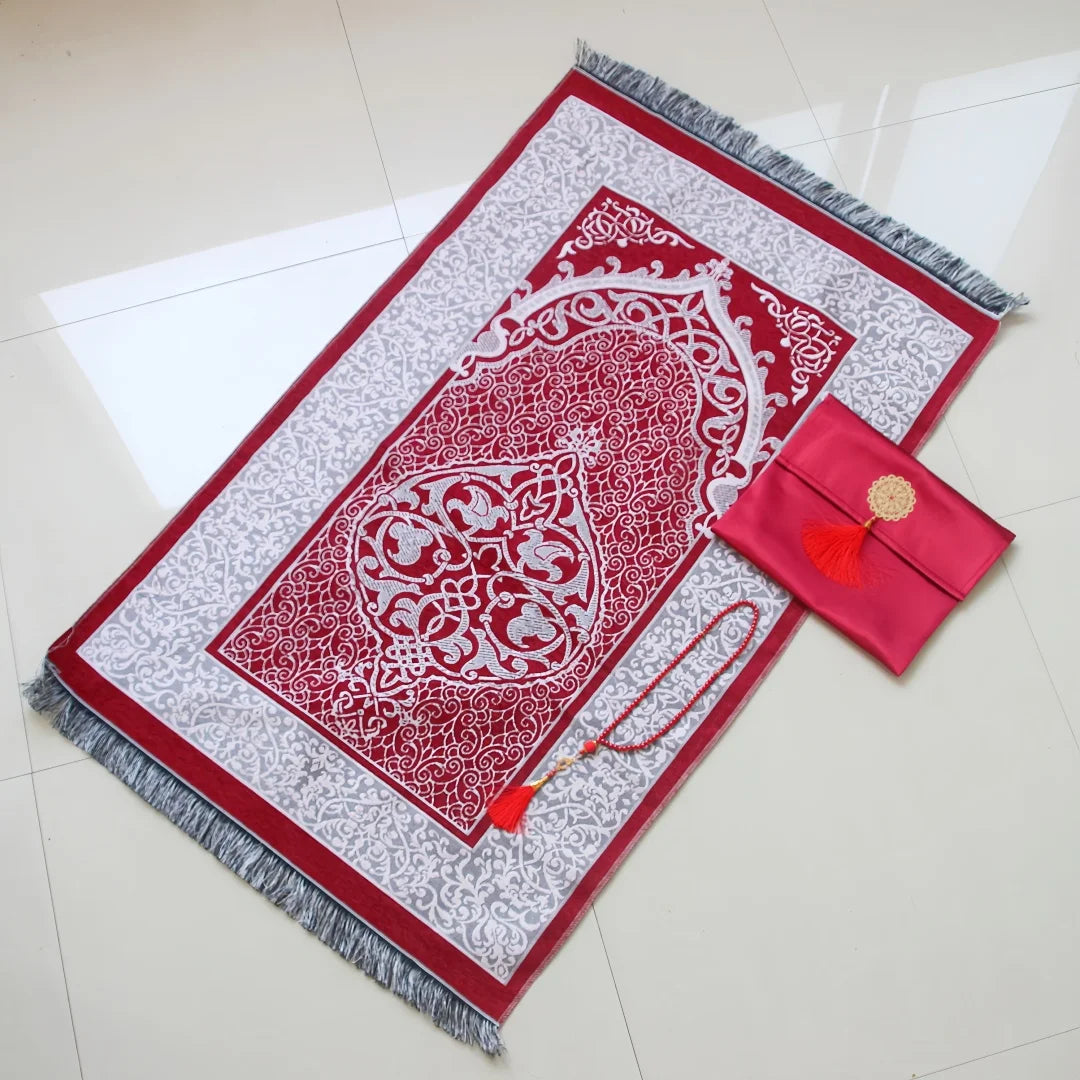 Muslim Prayer Rug and Prayer Beads with Bag Janamaz Soft Sajadah Islamic Gifts Set Portable Prayers Carpet Mat Taffeta Fabric