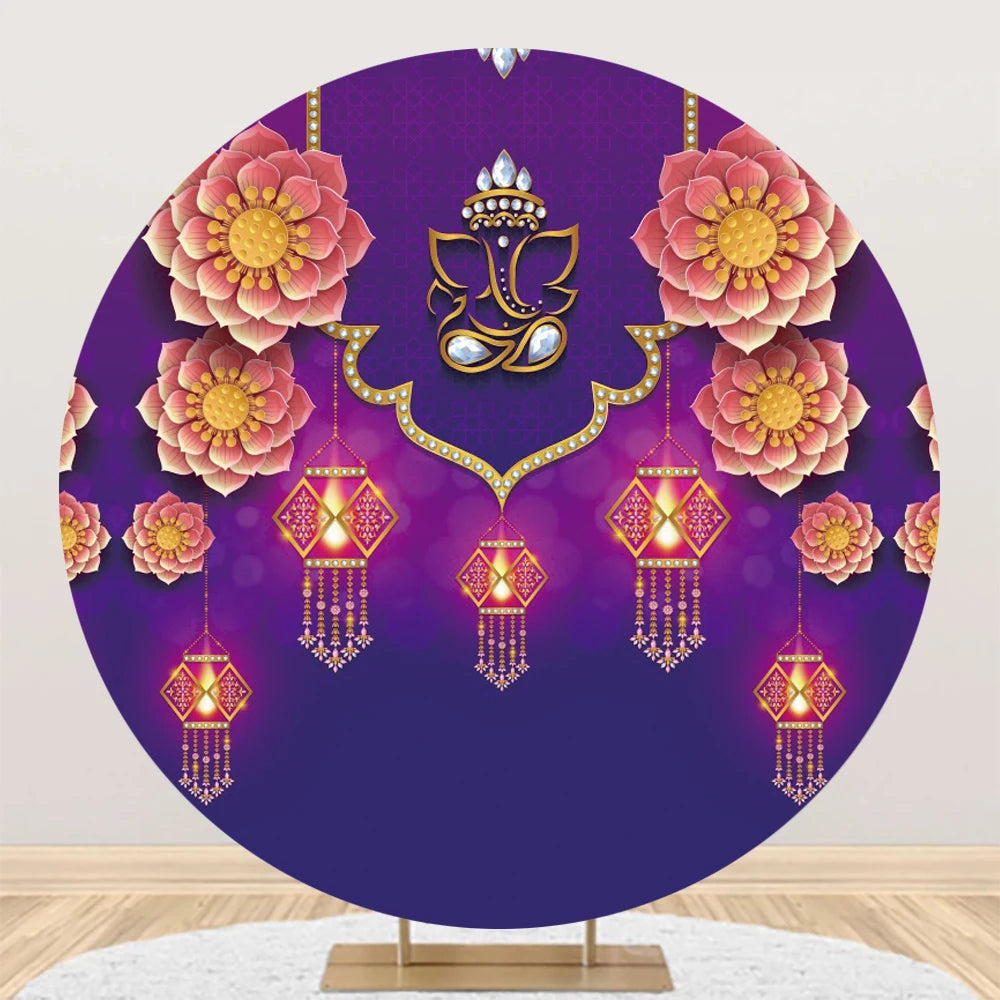 Eid al Fitr Mubarak Round Backdrop Cover Arab Ramadan Karim Golden Moon Star Cloud Lantern Party Decor Banner Photo Stall Props