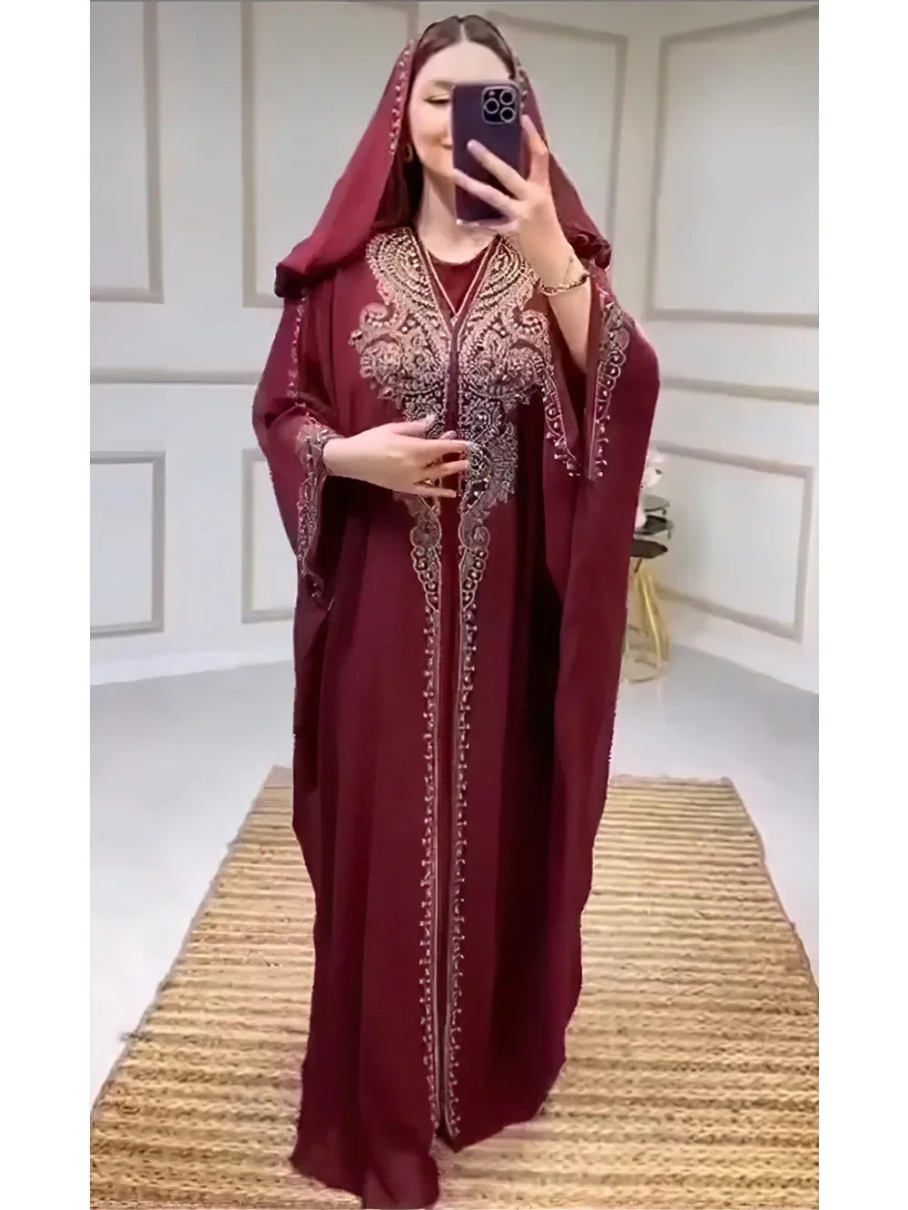 Eid Muslim Dress for Women – Hooded 2-Piece Diamond Jalabiya Kaftan