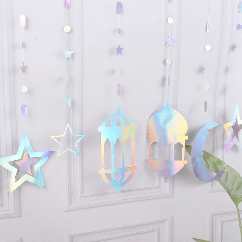 Ramadan Gold Silver Star Moon Lantern Hanging Streamer Garland Eid Mubarak Home Decoration 2025 Muslim Islamic Party Supplies