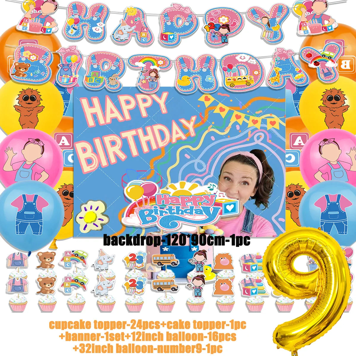 Cartoon English Teacher Theme Child Birthday Party Decor Ms&Racheled Balloon Banner Backdrops Cupcake Toppers for Kids Gifts