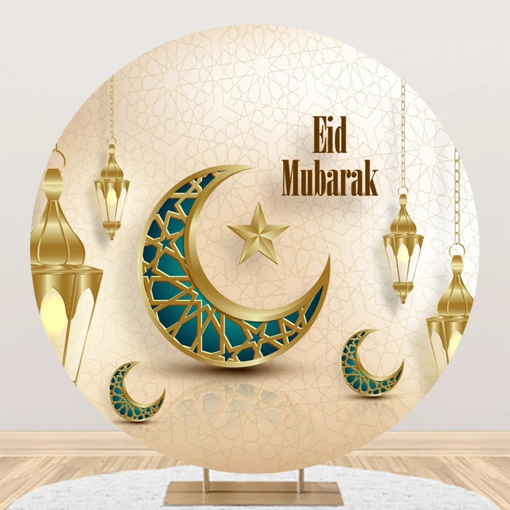 Eid al Fitr Mubarak Round Backdrop Cover Arab Ramadan Karim Golden Moon Star Cloud Lantern Party Decor Banner Photo Stall Props