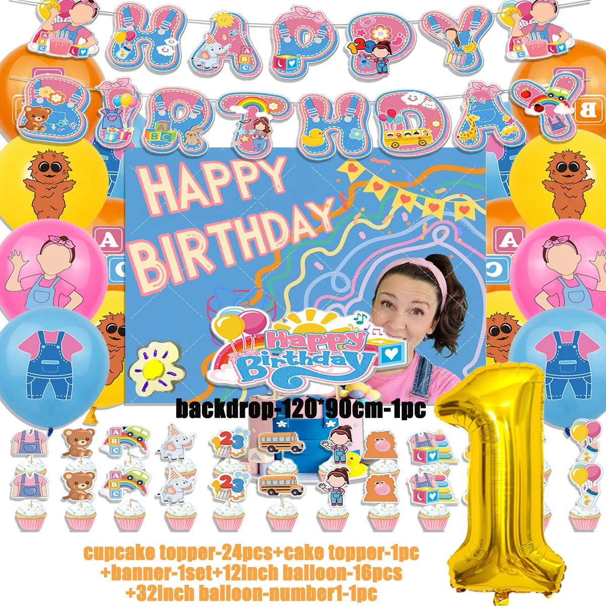 Cartoon English Teacher Theme Child Birthday Party Decor Ms&Racheled Balloon Banner Backdrops Cupcake Toppers for Kids Gifts